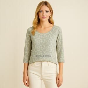 Linda Leal Cream Green Paisley Jersey Top 3/4 Sleeve Stretch Wrinkle-Free Size M